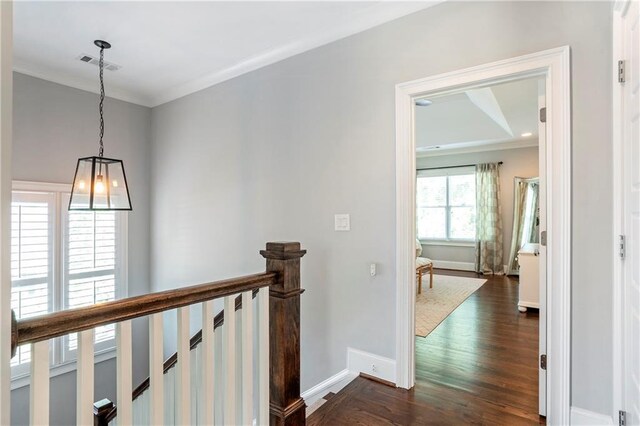 hall with visible vents, dark wood finished floors, baseboards, an upstairs landing, and ornamental molding