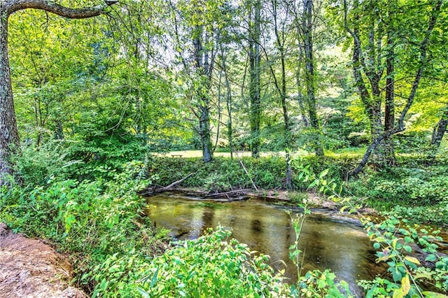 view of landscape featuring a forest view