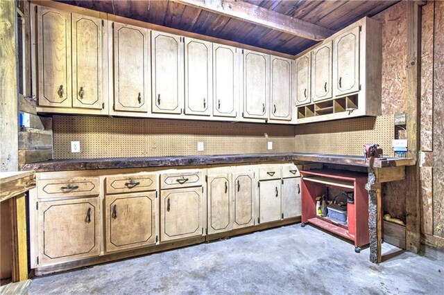 kitchen featuring beamed ceiling and wood ceiling