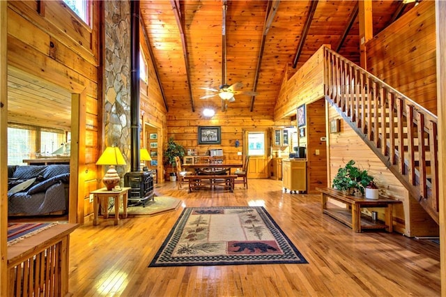 interior space featuring wooden ceiling, hardwood / wood-style floors, wooden walls, and a wood stove