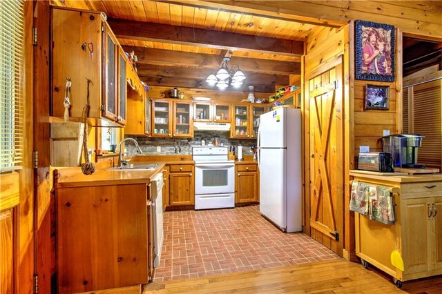 kitchen featuring hanging light fixtures, decorative backsplash, white appliances, and wood ceiling