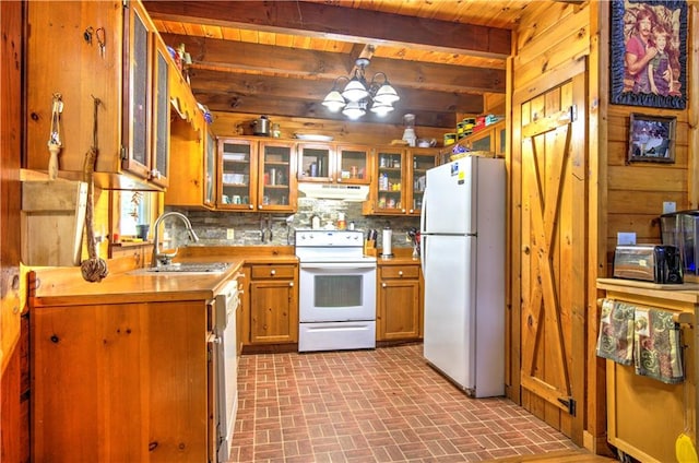 kitchen featuring decorative backsplash, beam ceiling, wooden ceiling, decorative light fixtures, and white appliances