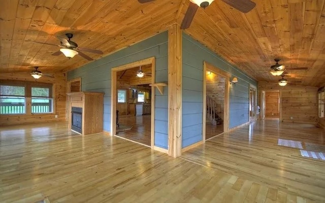 interior space with wooden ceiling, hardwood / wood-style flooring, ceiling fan, and wooden walls