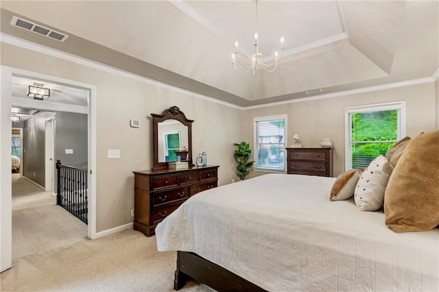 910 Kings Arms Way, Johns Creek, GA 30022 - bedroom with a chandelier, light carpet, a raised ceiling, and crown molding