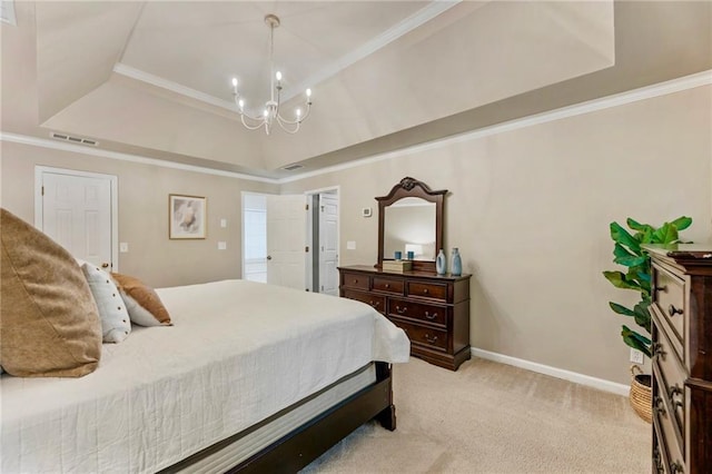 910 Kings Arms Way, Johns Creek, GA 30022 - bedroom with a tray ceiling, light carpet, a chandelier, and crown molding