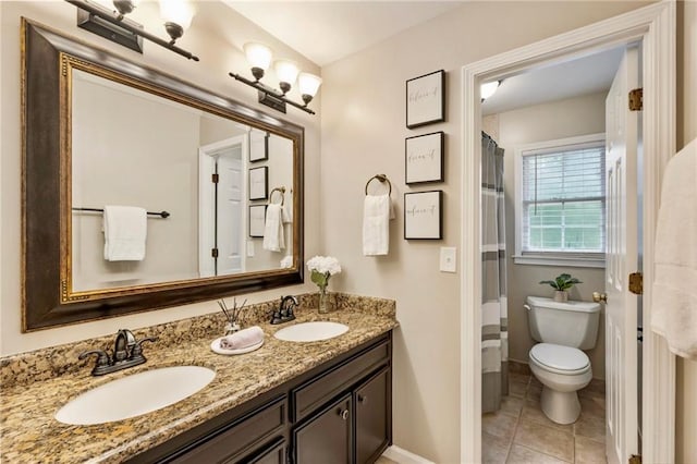 910 Kings Arms Way, Johns Creek, GA 30022 - full bathroom with double vanity, tile patterned floors, and a shower with shower curtain