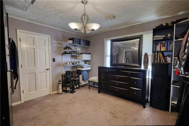 744 Hampton Locust Grove Rd, Hampton, GA 30228 - interior space featuring light carpet, a textured ceiling, a chandelier, and ornamental molding