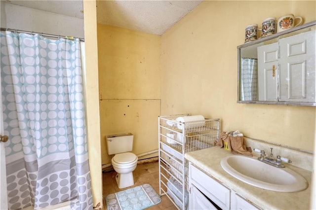 744 Hampton Locust Grove Rd, Hampton, GA 30228 - bathroom with a shower with curtain, vanity, a textured ceiling, toilet, and tile patterned floors