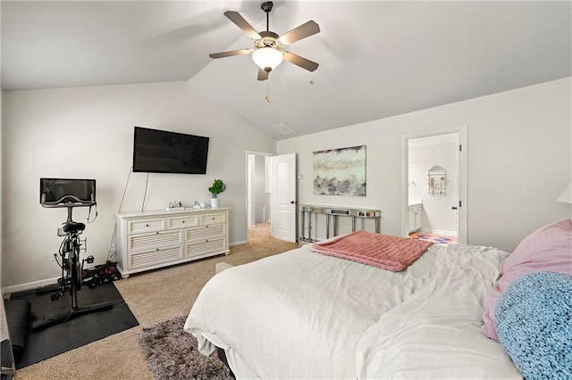 bedroom with baseboards, carpet floors, lofted ceiling, and a ceiling fan