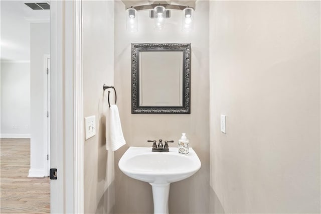 bathroom with wood-type flooring and ornamental molding