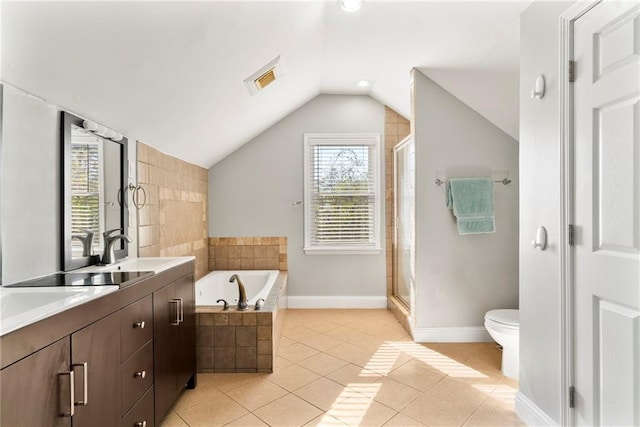 full bathroom with tile patterned flooring, plus walk in shower, toilet, and lofted ceiling