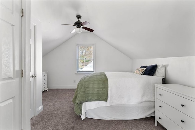 bedroom with carpet flooring, ceiling fan, and vaulted ceiling