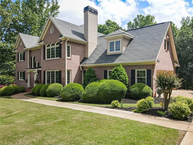 135 Stone Orchard Ct, Milton, GA 30004 - view of front facade featuring brick siding, a front yard, a chimney, and roof with shingles