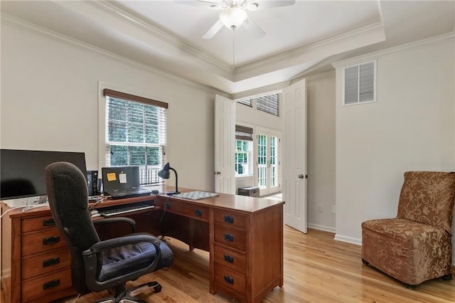 135 Stone Orchard Ct, Milton, GA 30004 - office space featuring light wood-style floors, a ceiling fan, crown molding, a tray ceiling, and baseboards