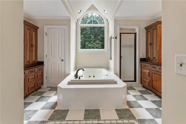 135 Stone Orchard Ct, Milton, GA 30004 - full bath featuring a shower stall, a tub with jets, vanity, and vaulted ceiling