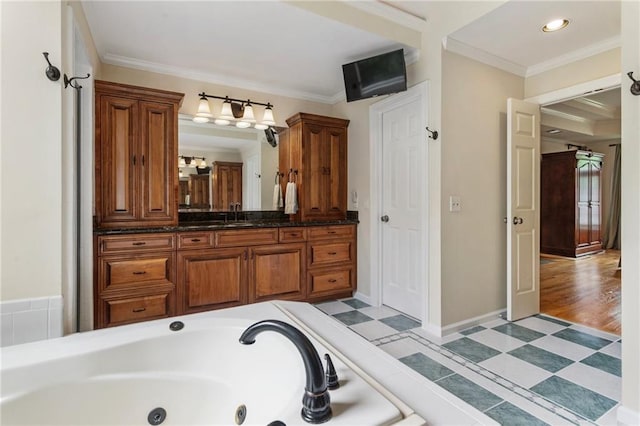 135 Stone Orchard Ct, Milton, GA 30004 - full bathroom featuring ornamental molding, a whirlpool tub, vanity, and recessed lighting