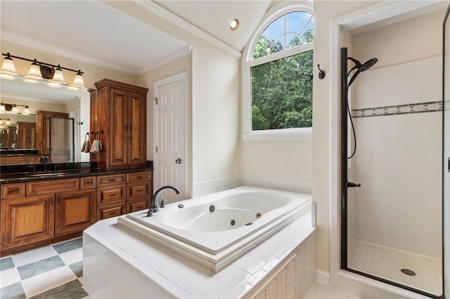 135 Stone Orchard Ct, Milton, GA 30004 - full bathroom with a shower stall, a whirlpool tub, vanity, ornamental molding, and vaulted ceiling