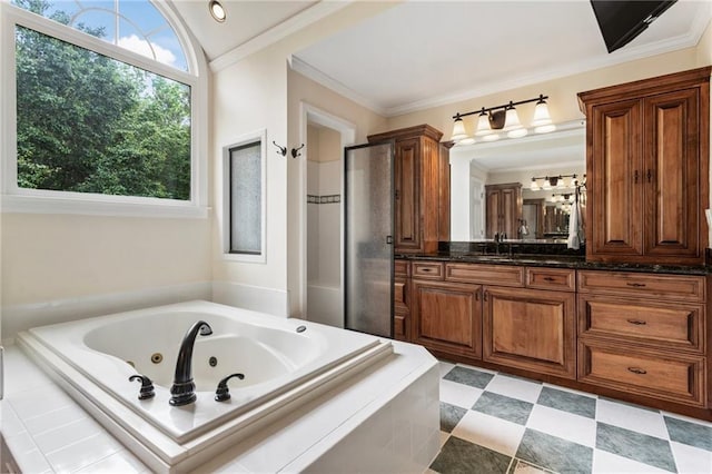135 Stone Orchard Ct, Milton, GA 30004 - bathroom featuring a whirlpool tub, a shower stall, vanity, crown molding, and vaulted ceiling