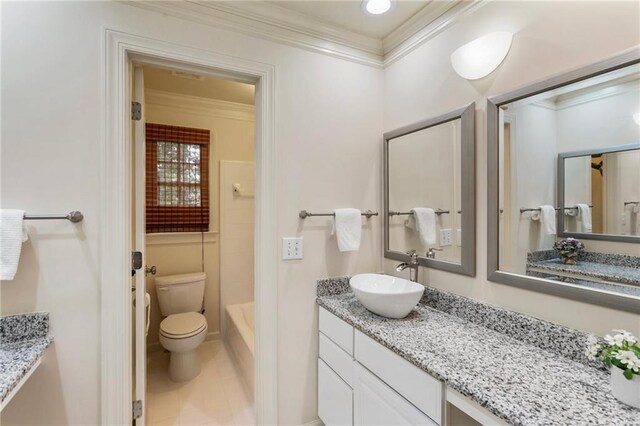135 Stone Orchard Ct, Milton, GA 30004 - full bathroom with crown molding, toilet, vanity, tile patterned floors, and a shower