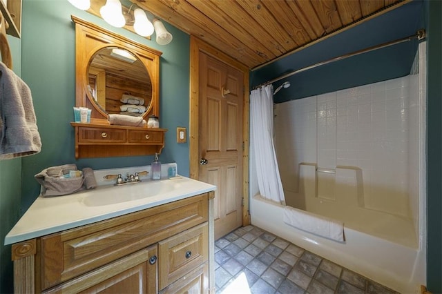 bathroom featuring vanity, shower / bath combo, and wooden ceiling