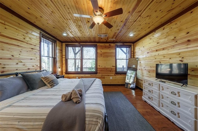 bedroom with wood ceiling, dark hardwood / wood-style floors, and wood walls