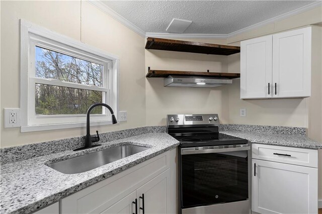 32 Brent Cir SW, Cartersville, GA 30120 - kitchen with a sink, open shelves, under cabinet range hood, stainless steel electric stove, and white cabinetry