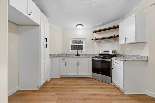 32 Brent Cir SW, Cartersville, GA 30120 - kitchen with light wood finished floors, white cabinets, stainless steel range with electric cooktop, and a sink
