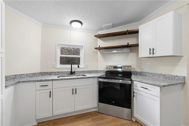 32 Brent Cir SW, Cartersville, GA 30120 - kitchen with stainless steel electric range oven, crown molding, open shelves, and a sink