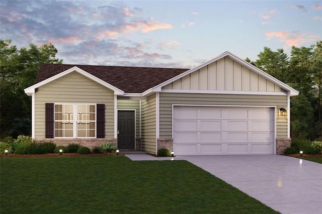 9 Barron Ct, Chatsworth, GA 30705 - view of front facade with brick siding, concrete driveway, a lawn, an attached garage, and roof with shingles