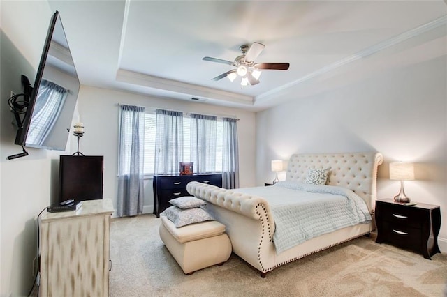 555 Lance View Ln, Lawrenceville, GA 30045 - bedroom with light colored carpet, a tray ceiling, ornamental molding, and a ceiling fan