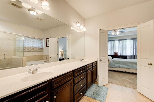 555 Lance View Ln, Lawrenceville, GA 30045 - ensuite bathroom featuring a stall shower, a garden tub, double vanity, tile patterned floors, and ceiling fan