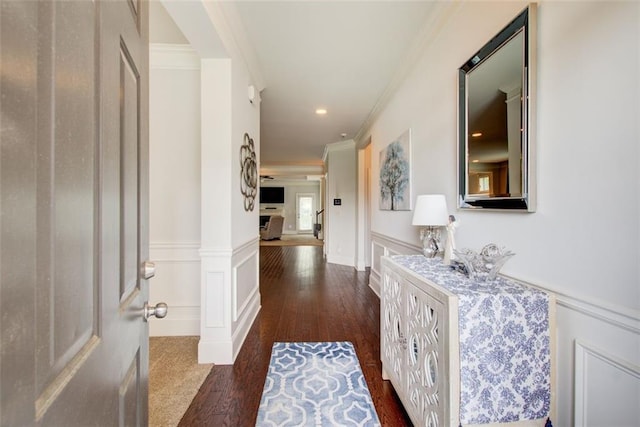 555 Lance View Ln, Lawrenceville, GA 30045 - hallway featuring ornamental molding, dark wood-type flooring, wainscoting, and recessed lighting