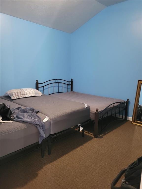 bedroom featuring carpet flooring and vaulted ceiling
