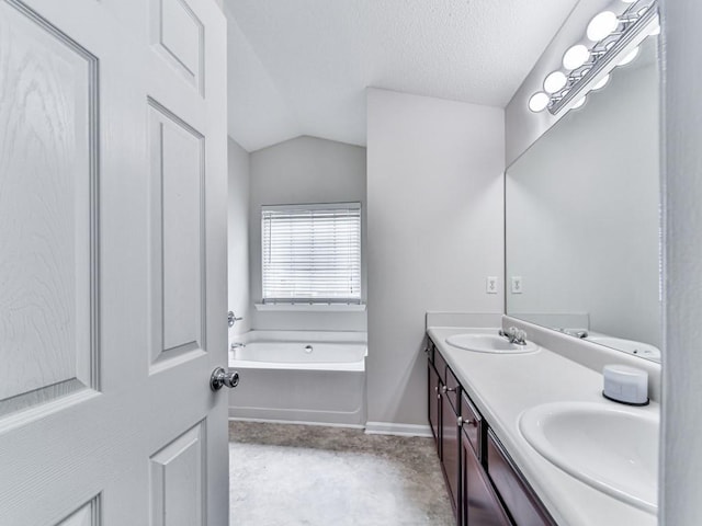 20 Preserve Dr, Newnan, GA 30263 - full bath featuring a bath, double vanity, lofted ceiling, concrete flooring, and a textured ceiling