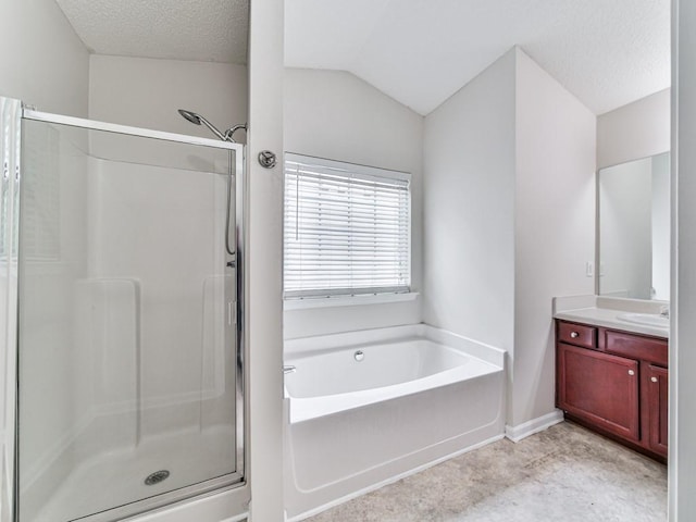 20 Preserve Dr, Newnan, GA 30263 - full bathroom with a stall shower, vanity, a bath, a textured ceiling, and lofted ceiling