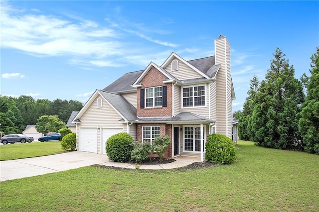 view of front facade featuring a front lawn and a garage