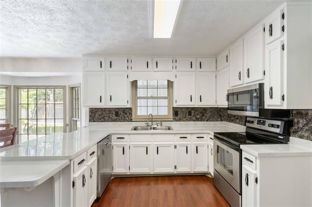 kitchen featuring plenty of natural light, a sink, a peninsula, and stainless steel appliances