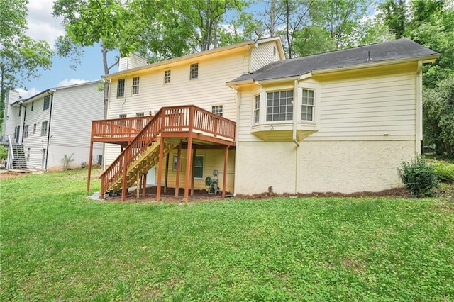 5141 Rocky Run, Stone Mountain, GA 30088 - back of house with stairway, a deck, a yard, and a chimney