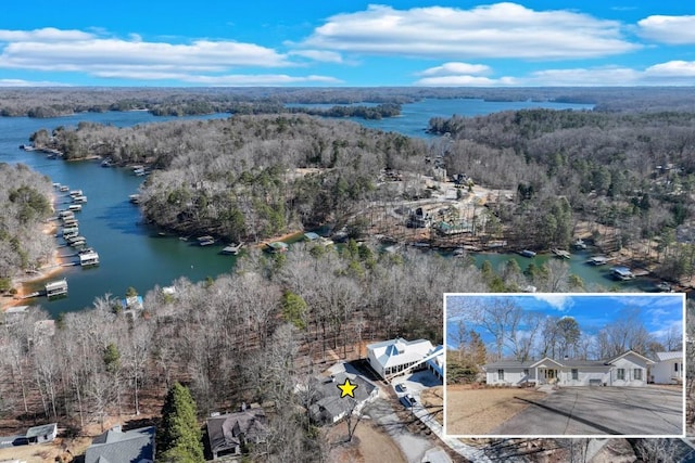 aerial view featuring a water view