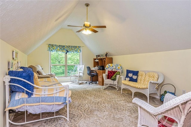 130 Brooklet Way, Brooks, GA 30205 - living area with carpet, vaulted ceiling, a ceiling fan, and a textured ceiling