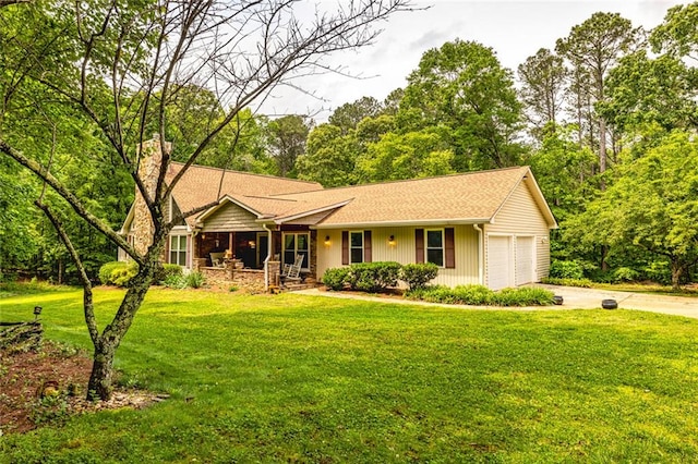 130 Brooklet Way, Brooks, GA 30205 - single story home with a porch, a chimney, a front lawn, concrete driveway, and a garage