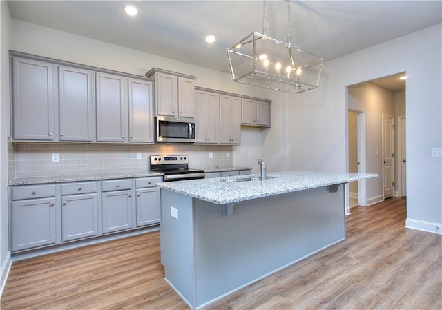 96 Sherwood Dr, Commerce, GA 30529 - kitchen with stainless steel appliances, a sink, backsplash, a notable chandelier, and gray cabinetry