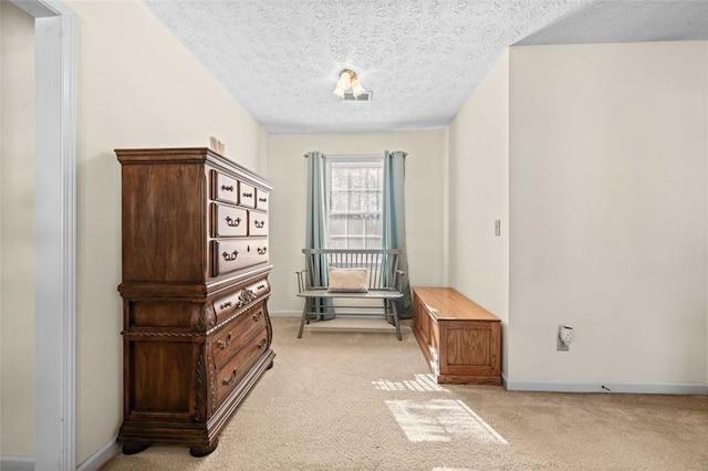 interior space with baseboards and light colored carpet