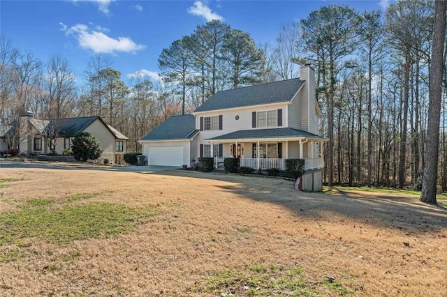 view of front facade featuring a garage, driveway, a chimney, a porch, and a front yard