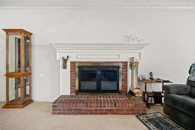 details with carpet floors, a fireplace, and crown molding