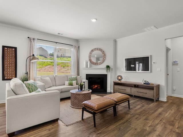 living room with crown molding and wood-type flooring