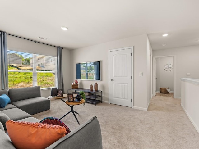 living room with light carpet