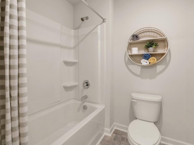 bathroom featuring shower / bathtub combination with curtain and toilet