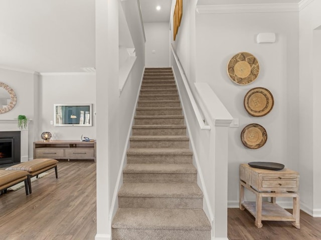 staircase featuring crown molding and wood-type flooring