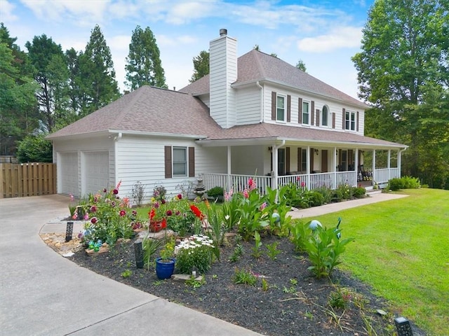 2820 Channing Way, Cumming, GA 30040 - farmhouse with a porch, a chimney, a shingled roof, an attached garage, and driveway
